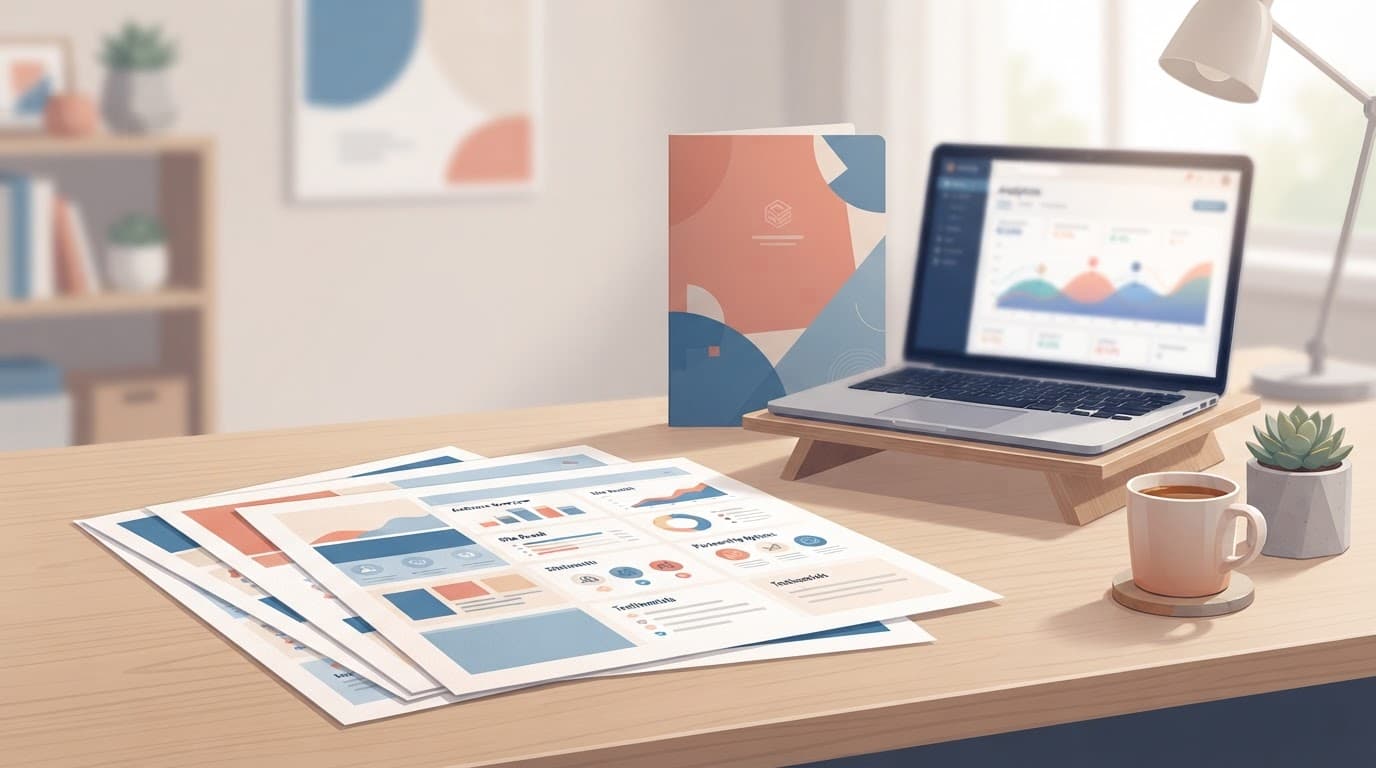 Media kit pages sit before a laptop and coffee cup on a tidy desk.