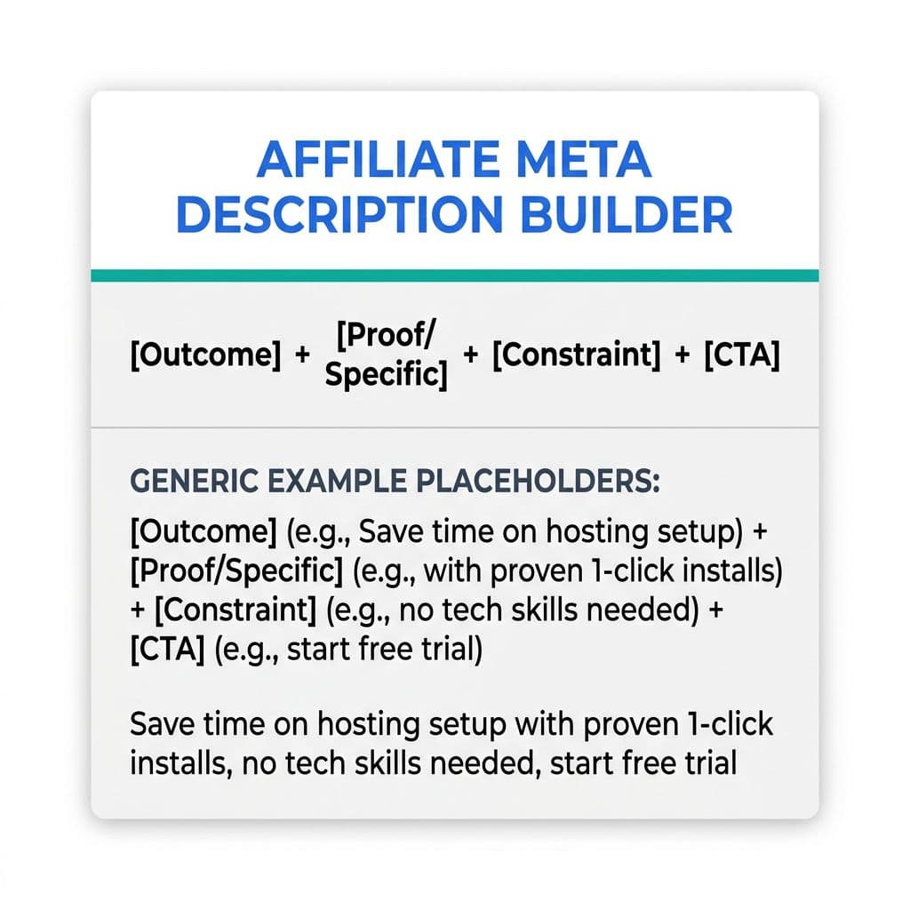 Simple vector template builder card for affiliate meta descriptions using the fill-in-the-blank formula [Outcome] + [Proof/Specific] + [Constraint] + [CTA], featuring generic example placeholders on a clean white background with blue headers, teal accents, and subtle shadows.