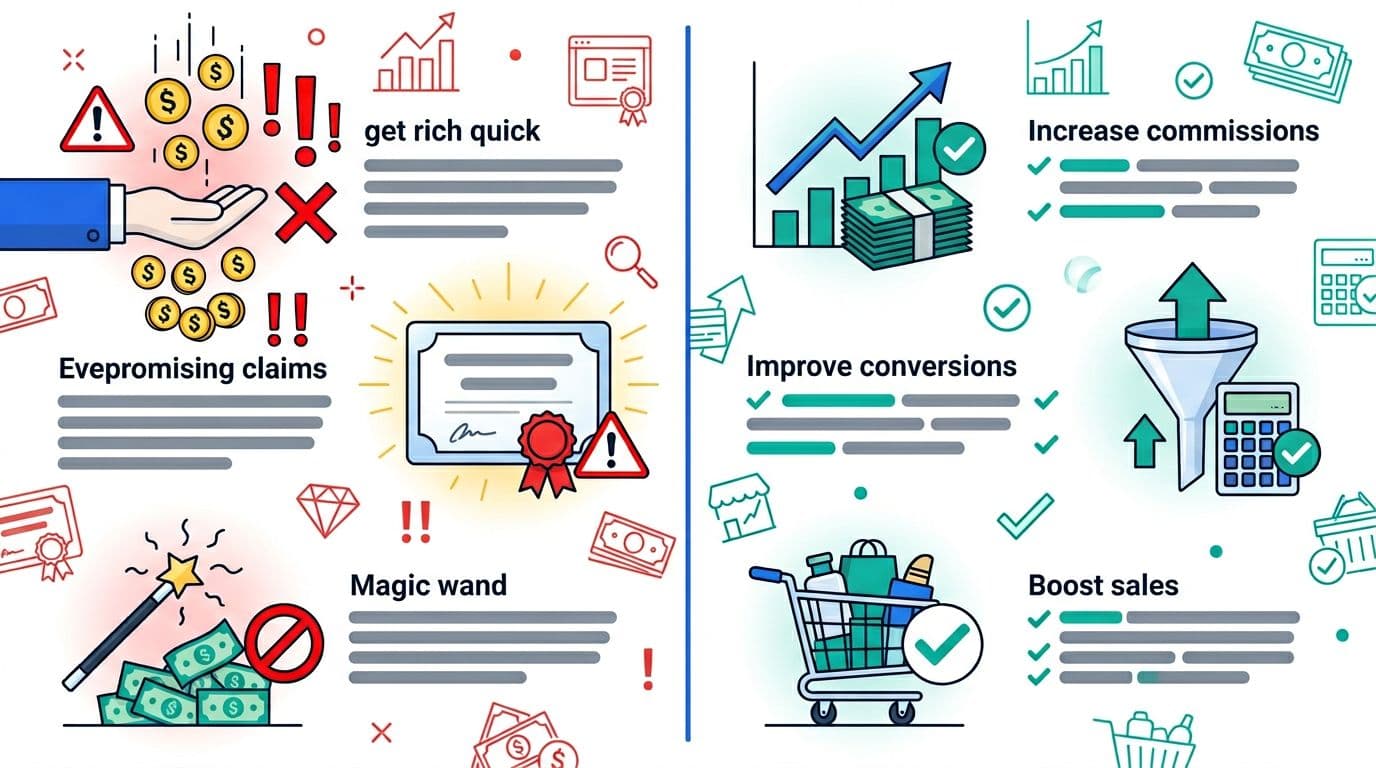 Split-screen vector illustration contrasting exaggerated overpromising claims on the left with specific verifiable benefits on the right for affiliate meta descriptions.