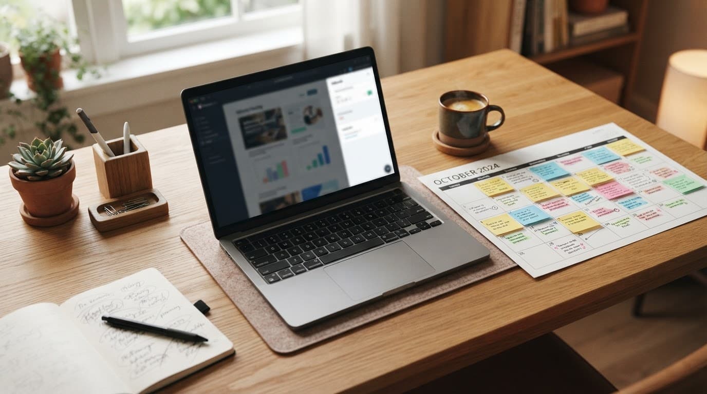 Laptop, monthly calendar, sticky notes, and coffee mug on a tidy home office desk.
