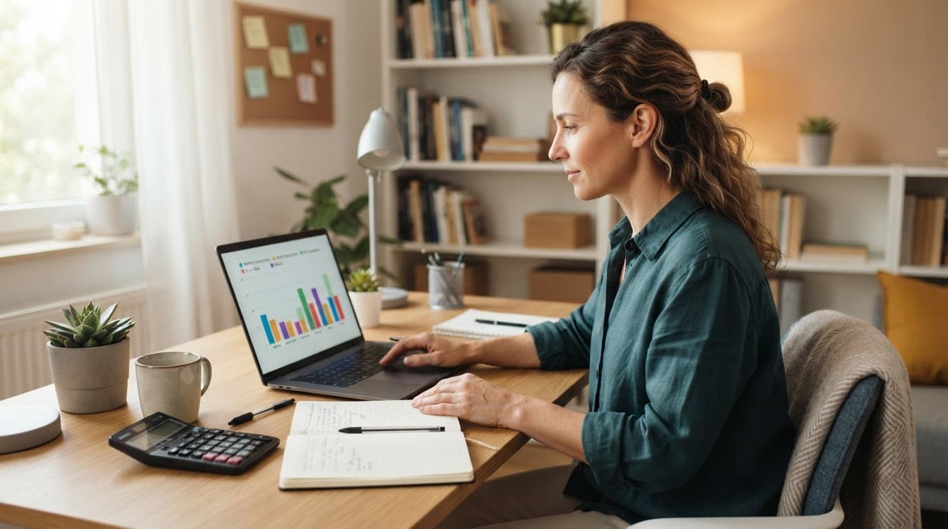 A marketer reviews subscription offers on a laptop beside a notebook and calculator.