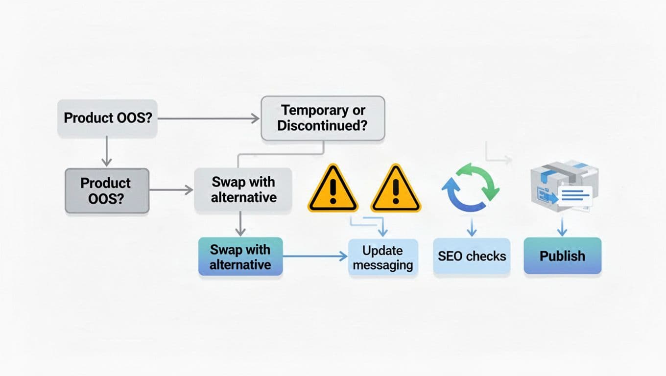 Minimalist flat design vector illustration of a flowchart for handling out-of-stock affiliate products, featuring steps from 'Product OOS?' to swapping alternatives, updating messaging, SEO checks, and publishing with simple icons on a light background.