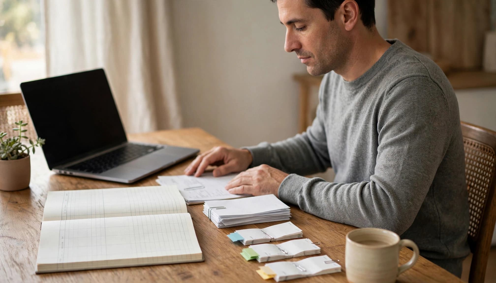 A seated business owner reviews a ledger beside a laptop and bank statements.