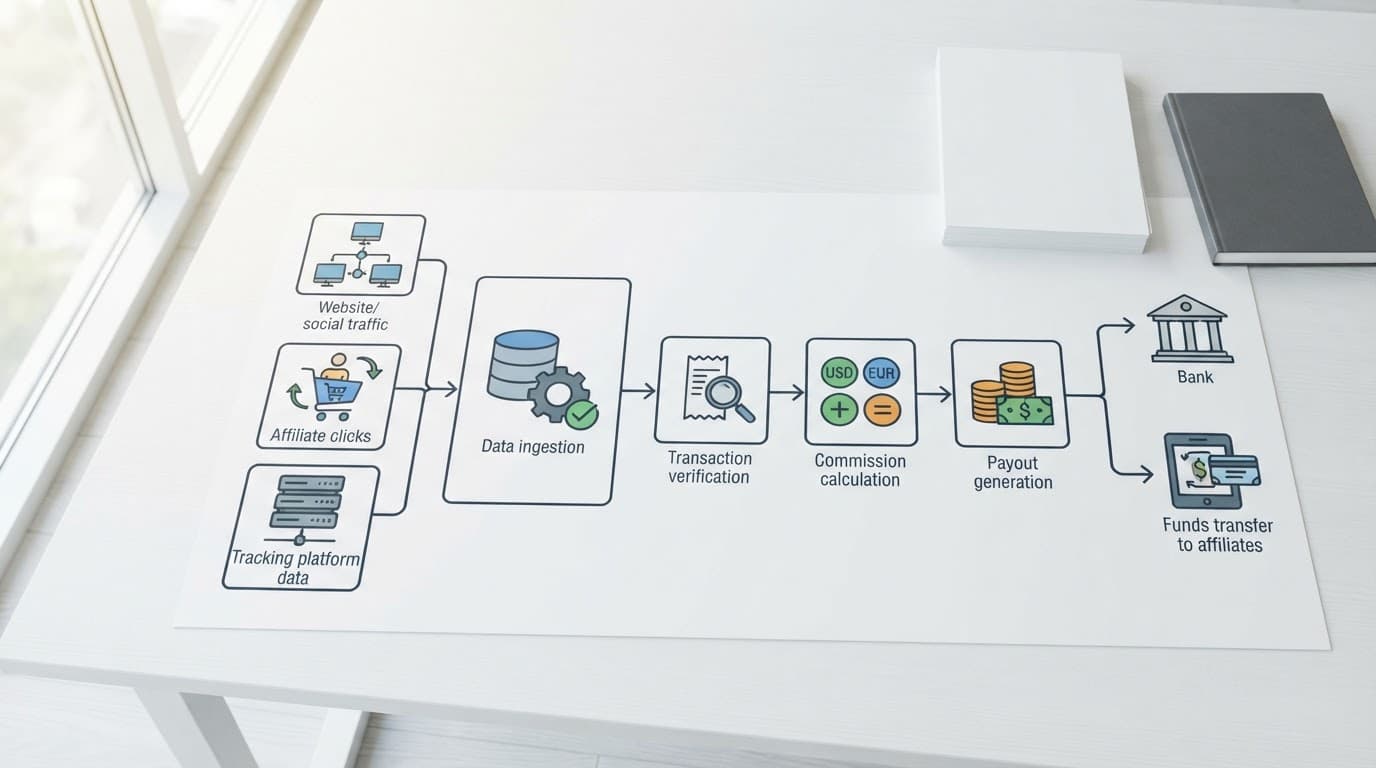 A structured flowchart diagram mapping affiliate payouts resting on a white desk.