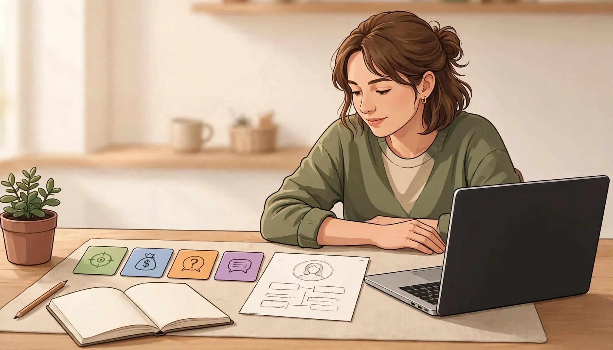 A marketer organizes audience cards beside a laptop in a bright home office.