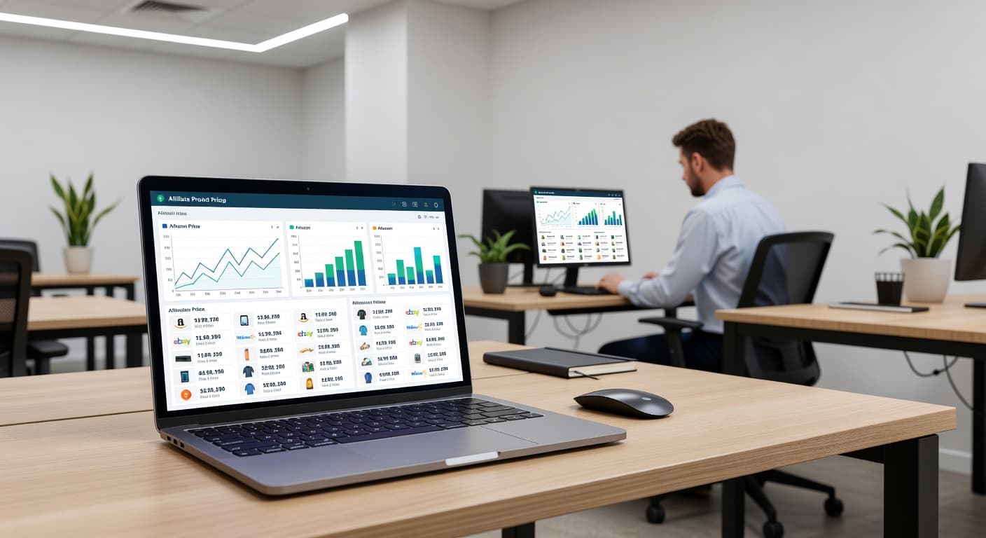 A sleek silver laptop sits open on a minimalist desk, displaying a complex colorful data dashboard with various price tracking charts. In the soft-focus background, a colleague works at another station.