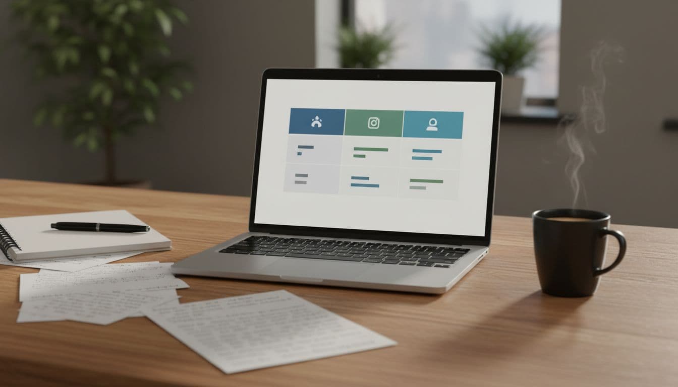 Clean comparison table on a laptop screen comparing affiliate products, on a wooden desk with notes and coffee mug under soft office lighting. Photorealistic view with laptop at slight angle, no readable text.