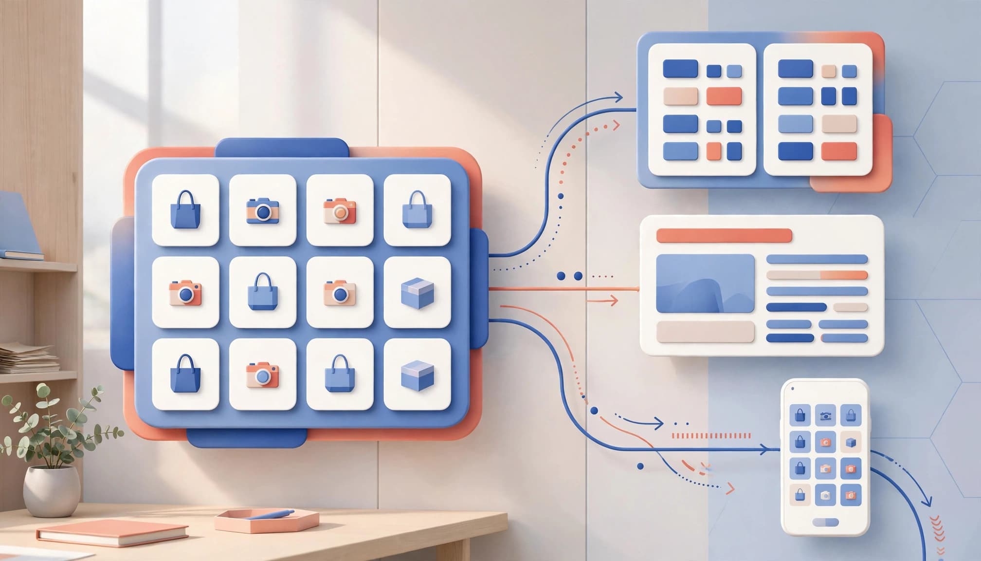 Product cards connect a central catalog to a comparison page, blog layout, and mobile shopping screen.