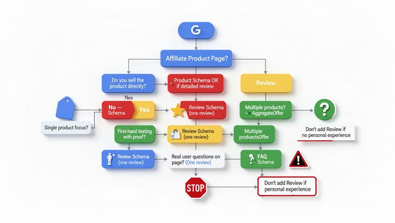 Minimalist vector illustration of a decision flowchart for selecting Product, Review, and FAQ schema on affiliate pages, with branches for direct sales, first-hand testing, multiple products, and spam warnings. Uses a clean Google color palette on white background with simple icons.