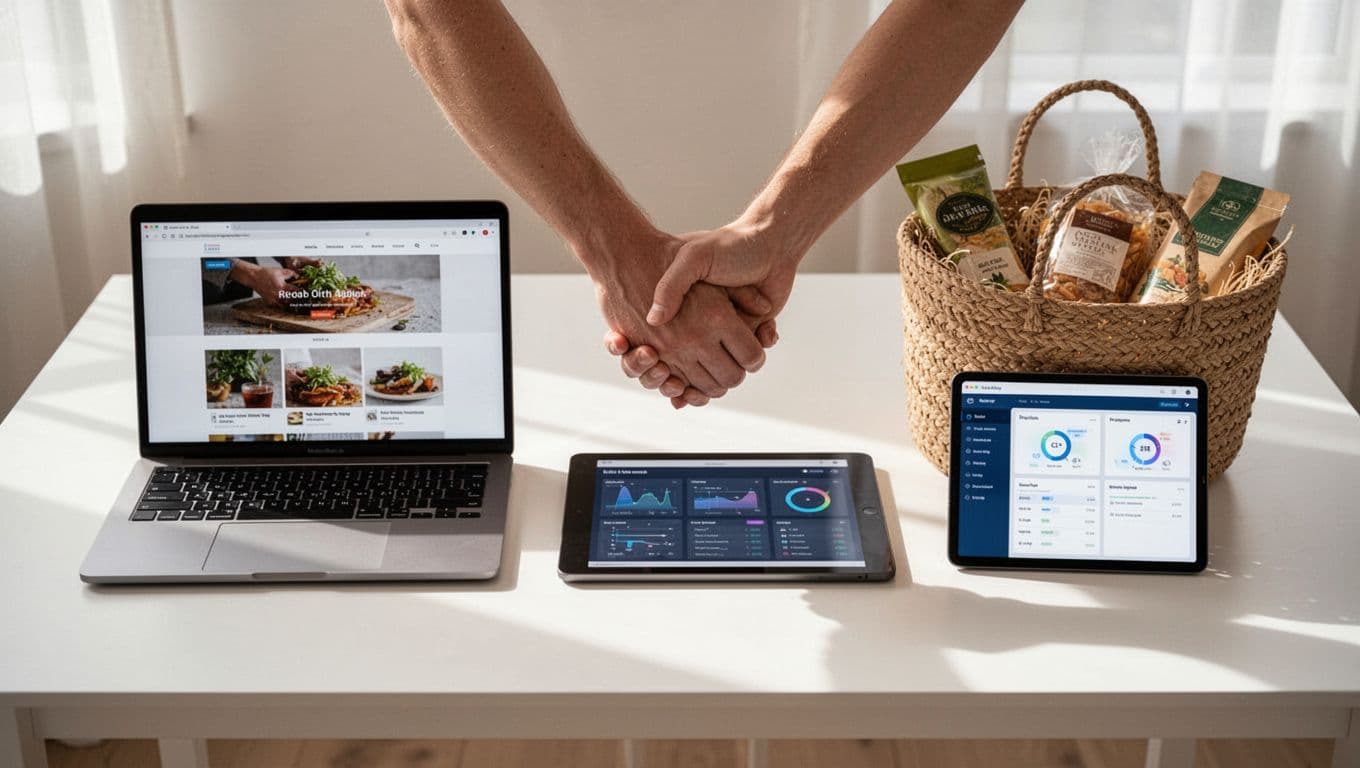 Four flat colorful icons in a row on white background: web network, SaaS screen, retail basket, brand handshake.