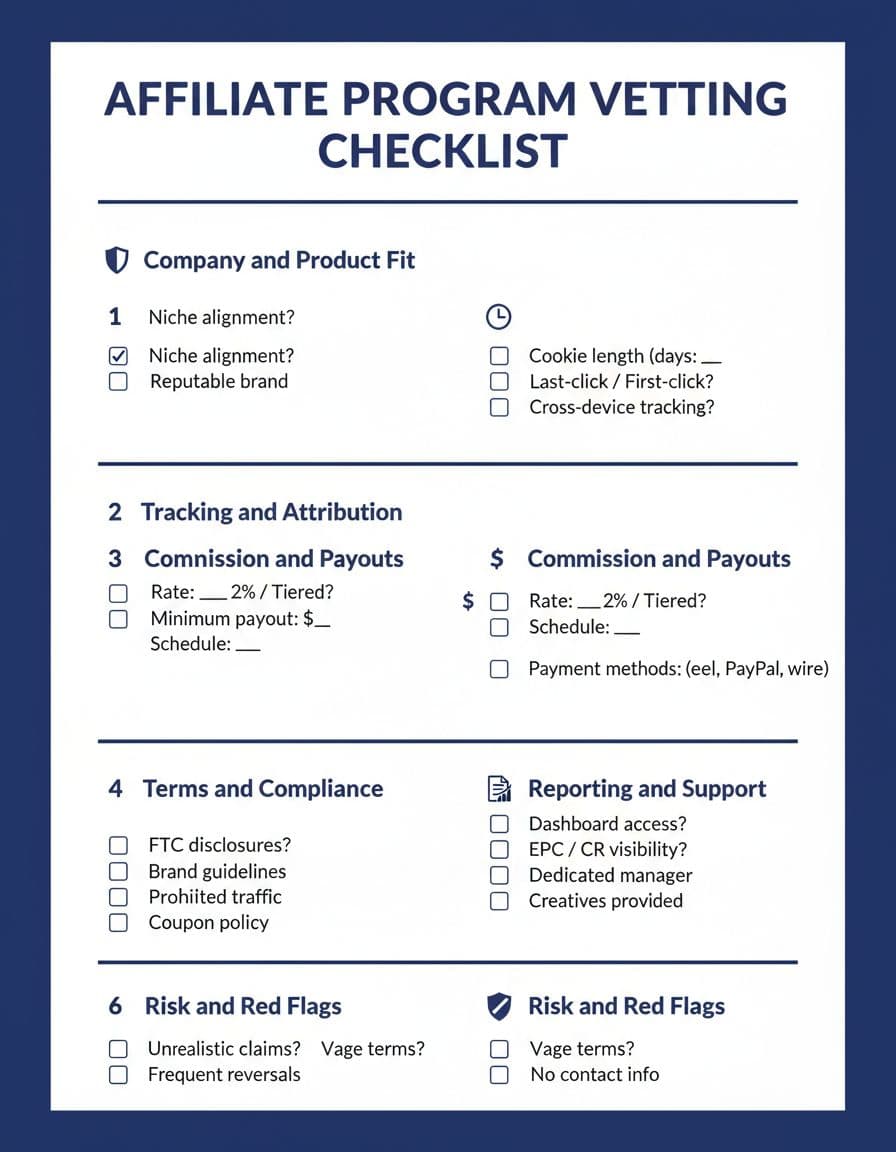 A clean, minimalist one-page printable infographic checklist for vetting affiliate programs, organized into sections covering company fit, tracking, commissions, terms, reporting, and red flags with subtle icons and checkboxes.