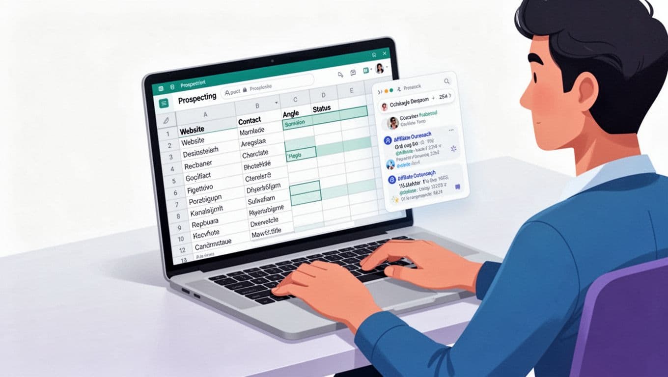 Modern flat-vector illustration of a professional at a desk managing affiliate outreach prospects on a laptop displaying a generic spreadsheet with columns Website, Contact, Angle, Status, and a small SERP-style list beside it.