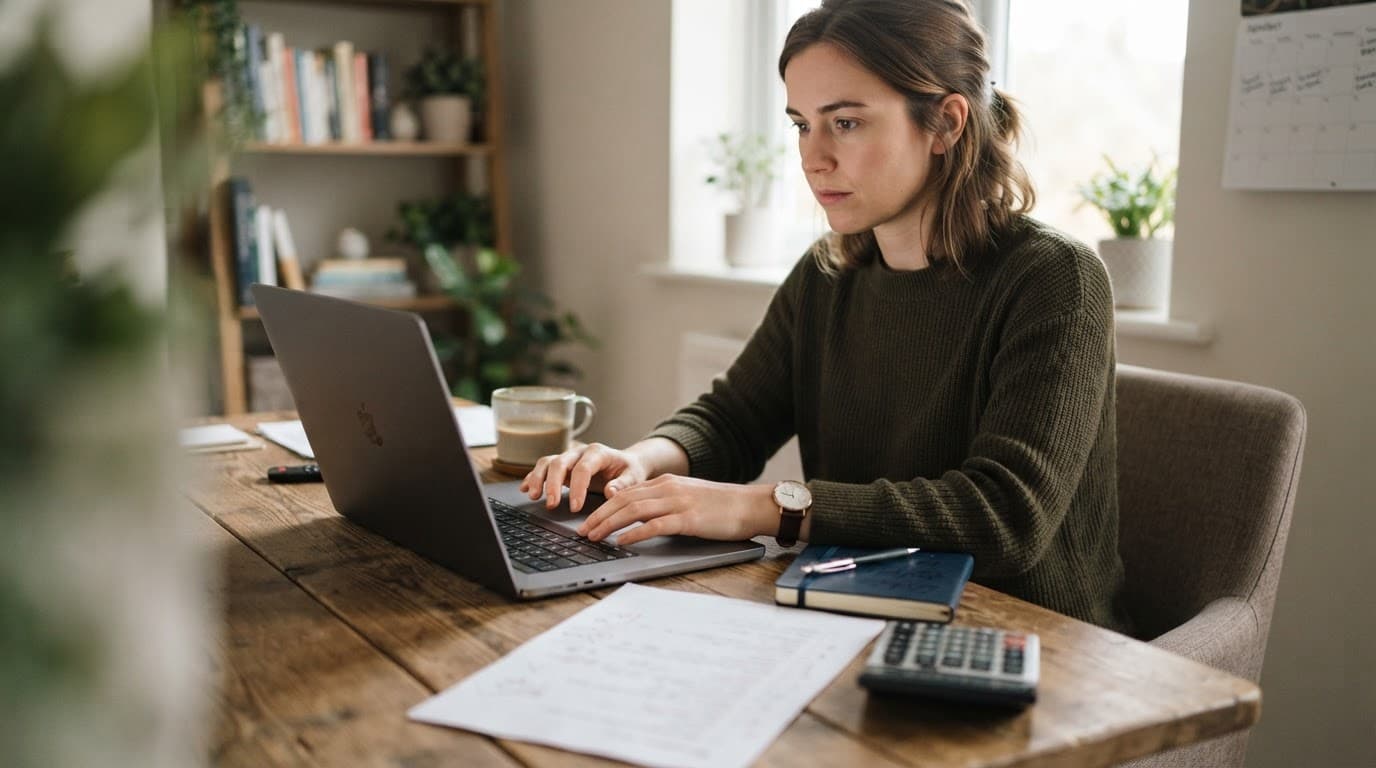 Beginner reviewing a laptop beside a checklist, coffee, notebook, and calculator.