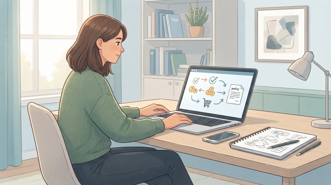 A marketer reviews purchase rules on a laptop beside a phone and notebook.