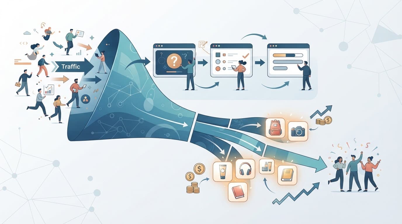 Traffic flows through a quiz funnel toward matched product recommendations.