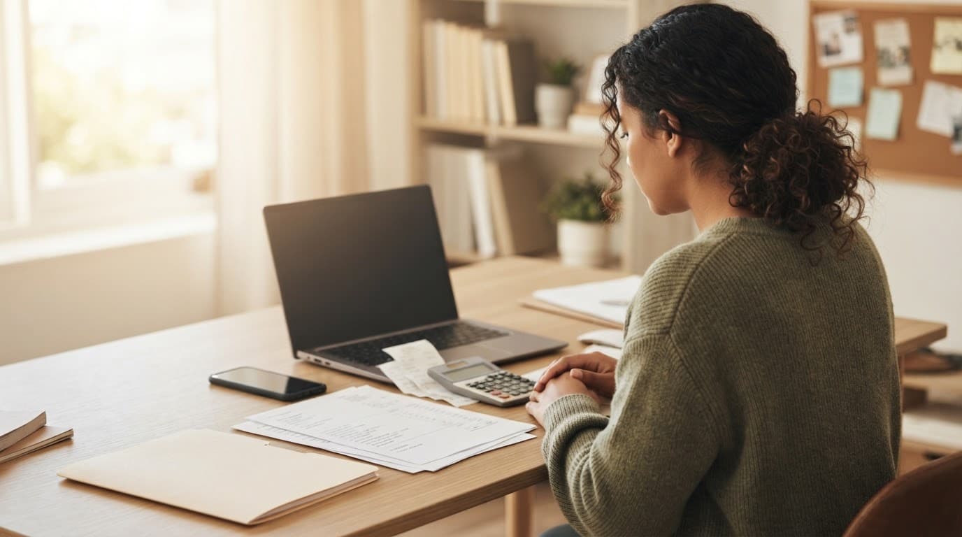 Person reviewing receipts and compliance papers beside a laptop and calculator.
