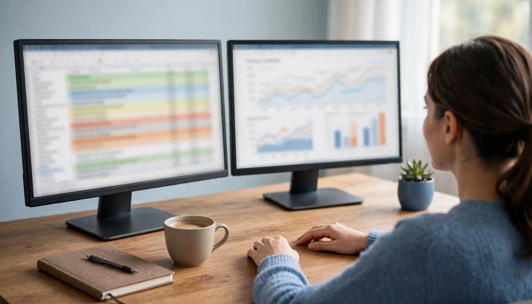 Analyst comparing a spreadsheet and commission chart on two monitors.