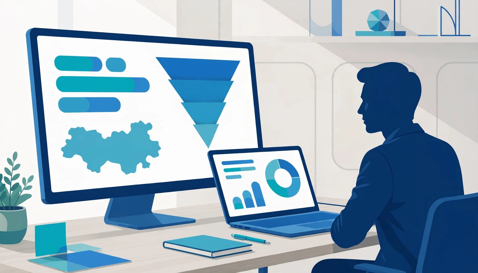 An analyst views charts about devices, countries, and traffic sources on two screens.