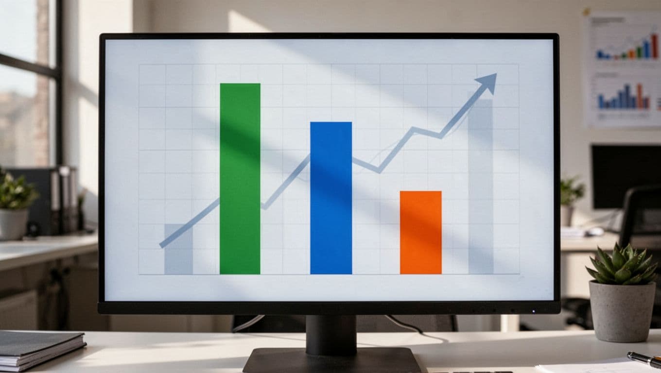 Bar graph on a desktop monitor comparing affiliate revenue from product list orders: tall green for highest EPC first, medium blue for conversion rate, shorter orange for price ascending, in a clean professional analytics interface.