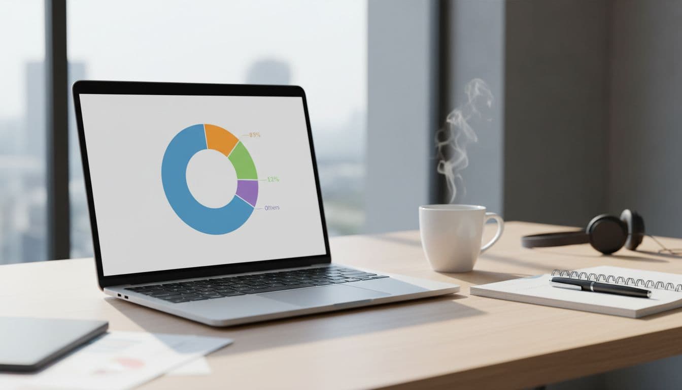 Laptop screen displays pie chart with dominant slice for single affiliate program and smaller slices for others, on modern desk with notebook and coffee mug.