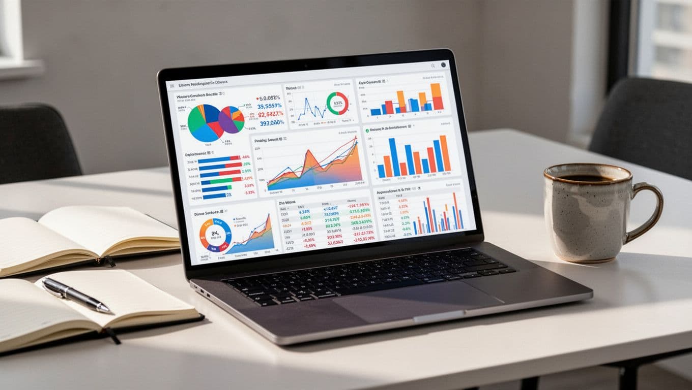 Clean laptop dashboard showing affiliate commission reports with reversal columns, rate graphs, and audit filters on a modern office desk with notebook and coffee mug.