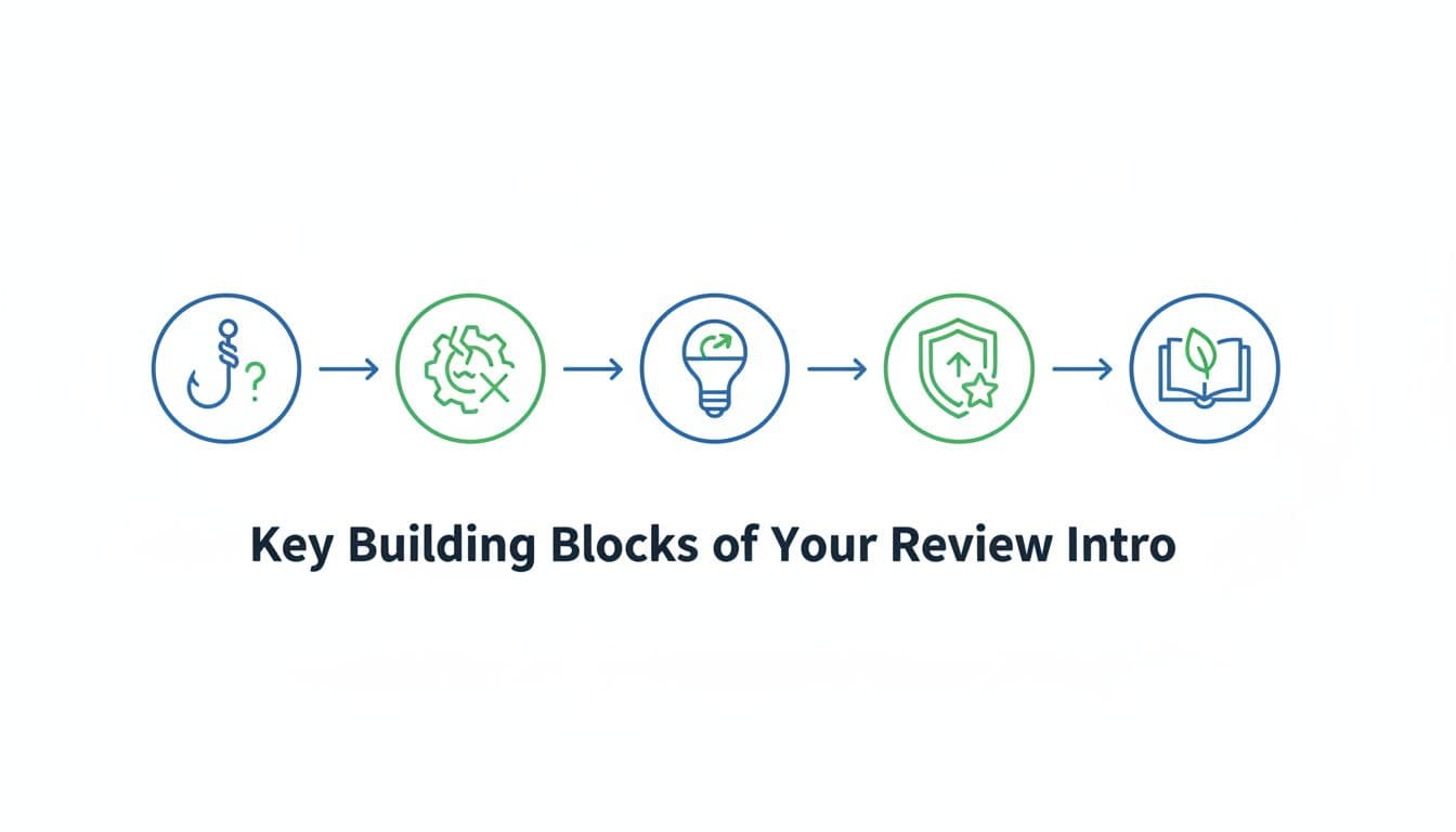 Five simple icons connected by arrows in a flowchart on white background, using blue and green tones.