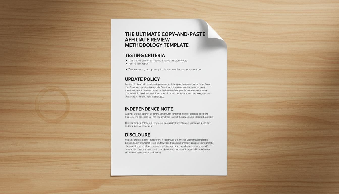 Clean document page mockup on wooden desk showing structure of affiliate review methodology statement with sections for testing criteria, update policy, independence, and disclosure. Realistic style with soft lighting, curled paper corner, no text or logos.
