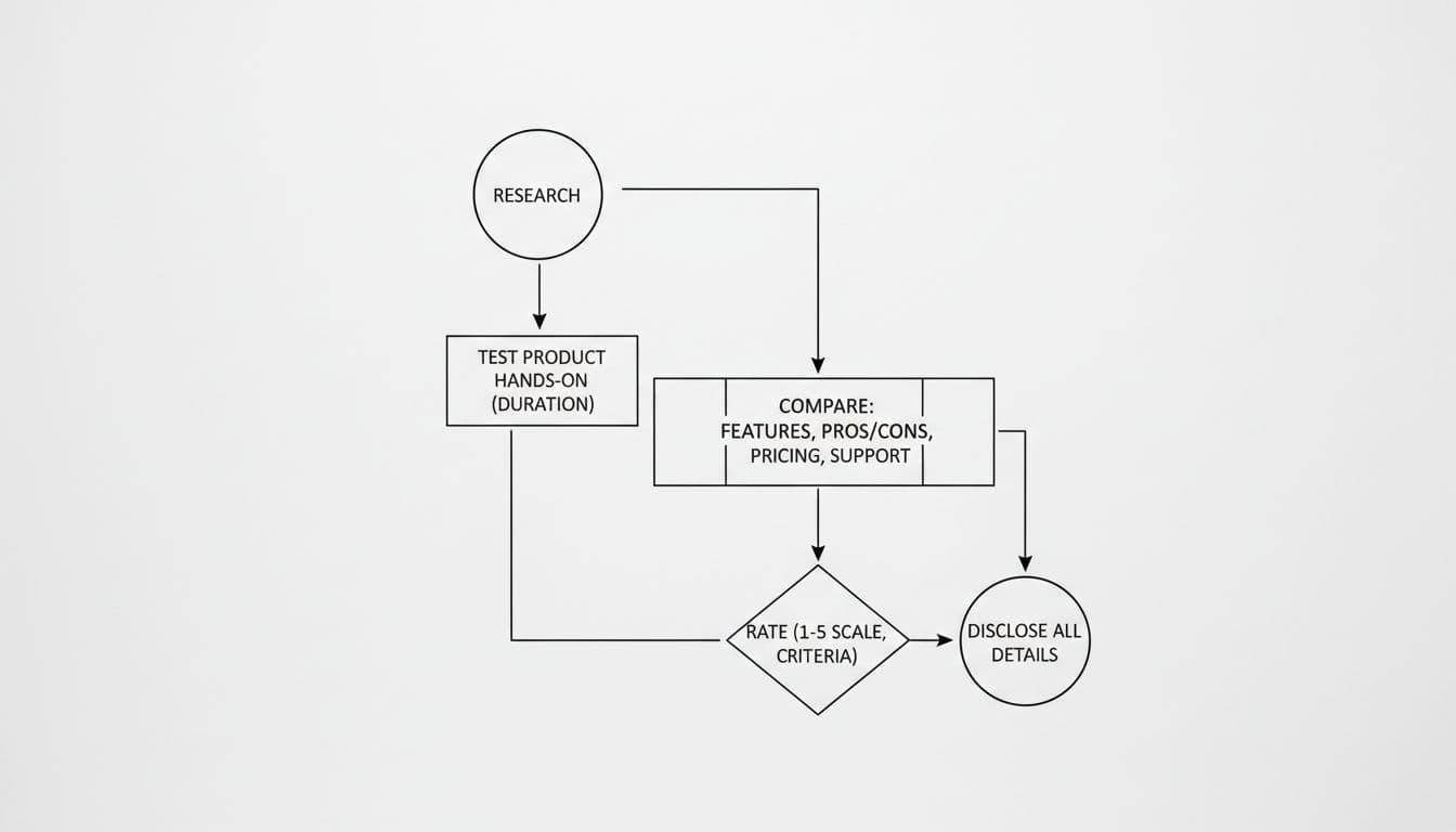 Minimalistic line art flowchart depicting the step-by-step affiliate review process, from research and hands-on testing to comparison, rating, and disclosure, in a clean top-down desk view on white background.