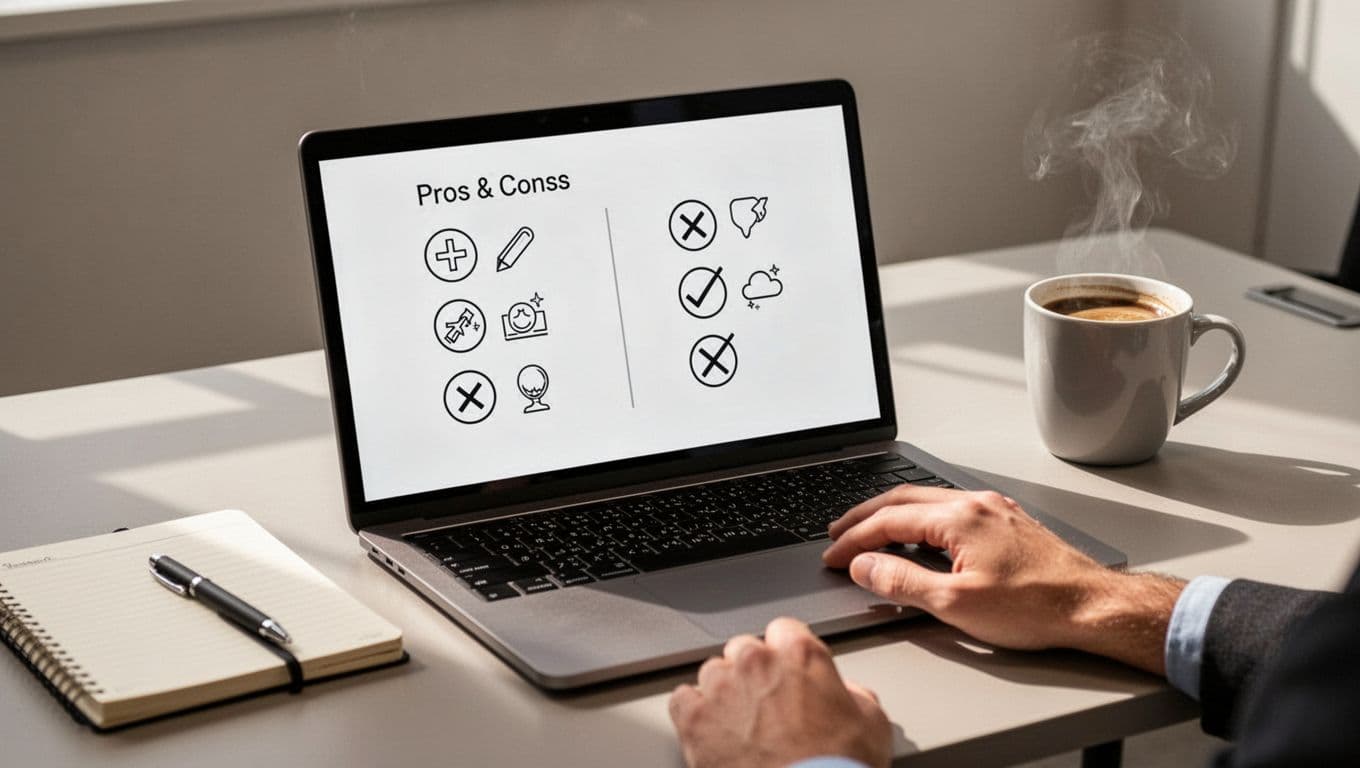 Clean laptop screen displays simple pros and cons bullet list for affiliate product review on neutral office desk with notebook, coffee mug, and hand on mouse under natural daylight.
