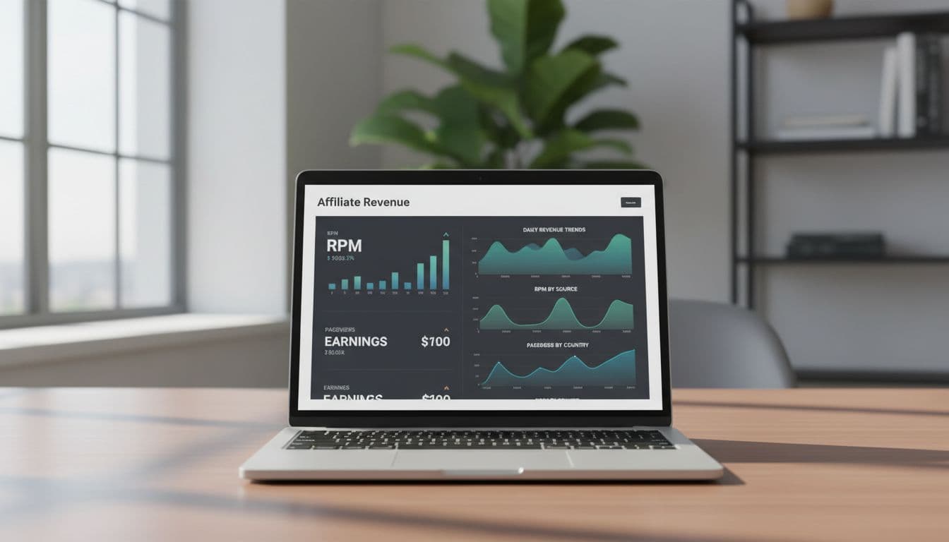 Laptop screen shows modern dashboard with affiliate revenue charts for RPM, pageviews, and earnings in office setting.