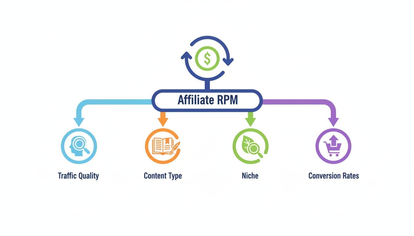 Infographic flowchart with icons for traffic quality, content type, niche, and conversion rates on white background.