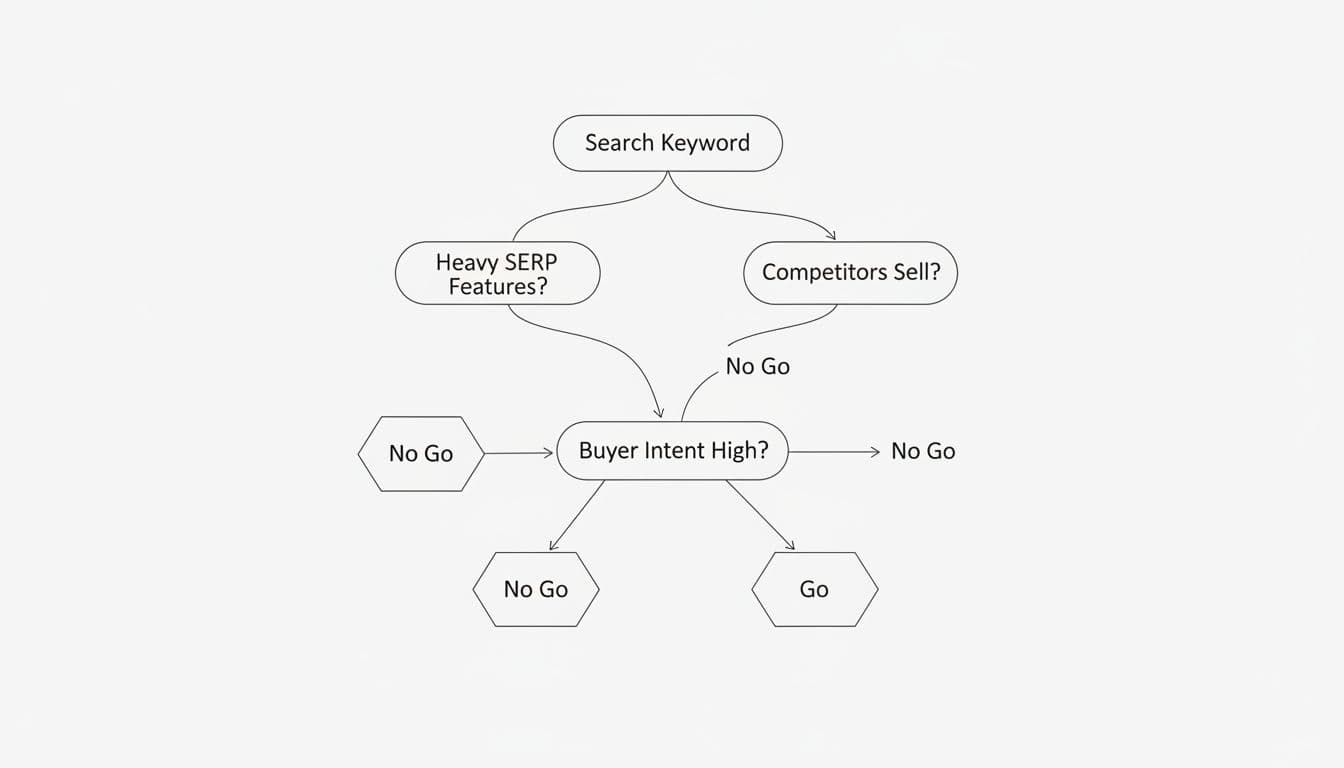 Simple minimalist decision tree diagram evaluating affiliate SERP intent from search keyword through SERP features, competitors selling, and buyer intent to Go or No Go.