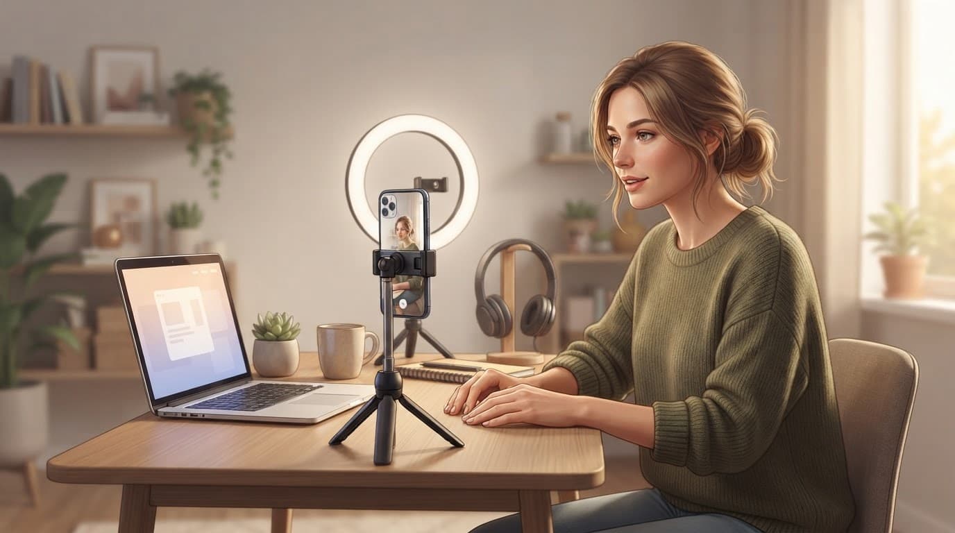 A marketer records a short video with a phone, laptop, and ring light at a home desk.