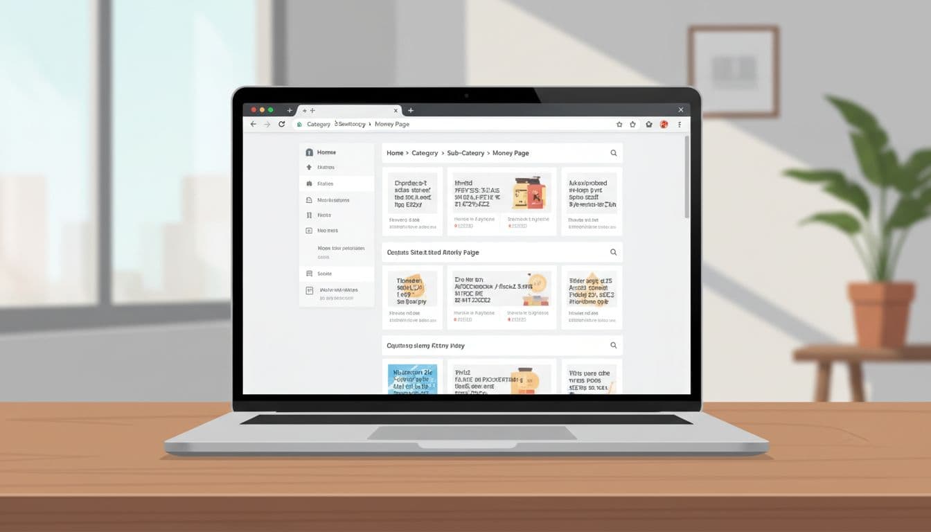 Illustration of a desktop browser window on a laptop displaying an affiliate site money page with a clear breadcrumb trail from home to category to sub-category.