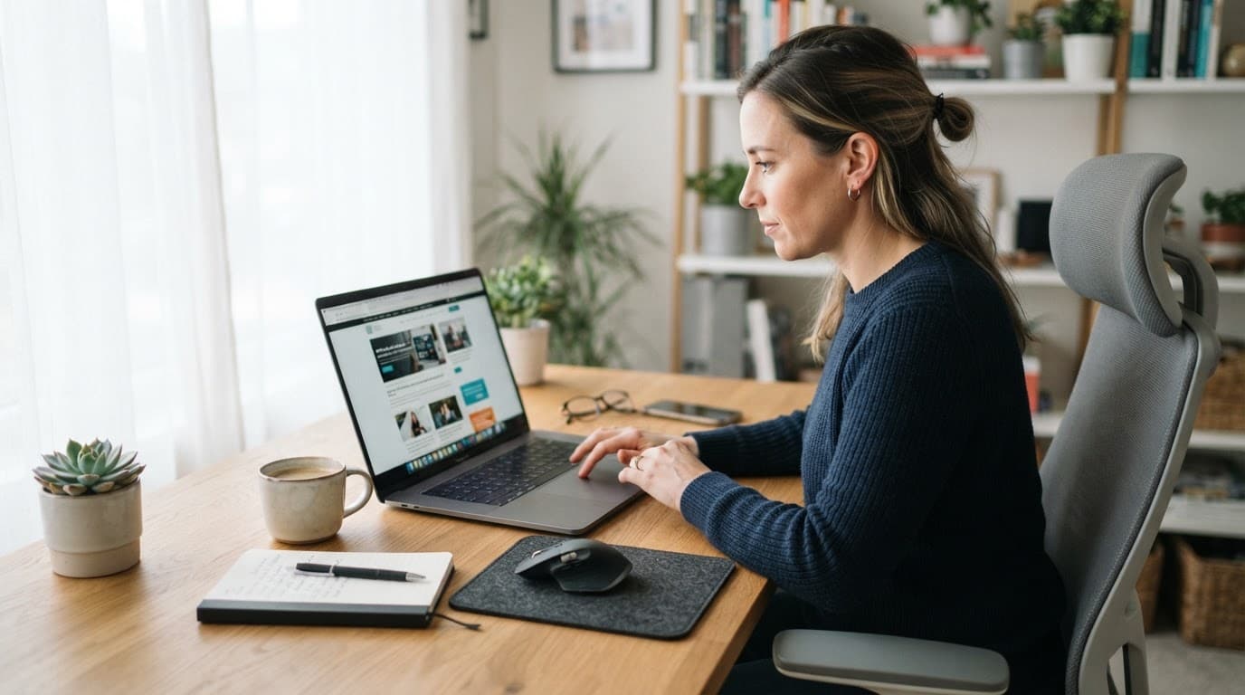 An editor reviews an affiliate website on a laptop at a bright wooden desk.