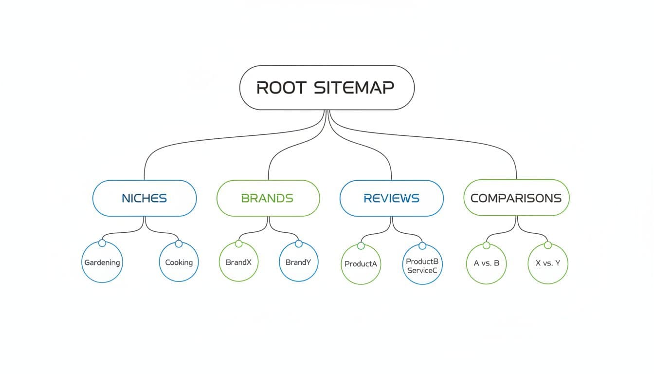 Minimalist grayscale line art tree diagram with root sitemap branching to niches, brands, reviews, and comparisons.