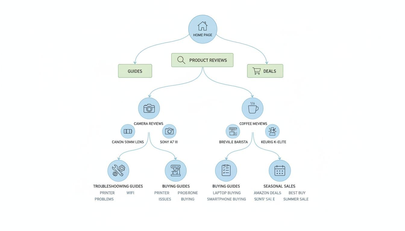 Tree diagram depicting affiliate website topical hierarchy with home page as root, branching to categories like product reviews and guides, then subtopics and money pages at leaves. Clean minimalist flowchart style in soft blue and green on white background.