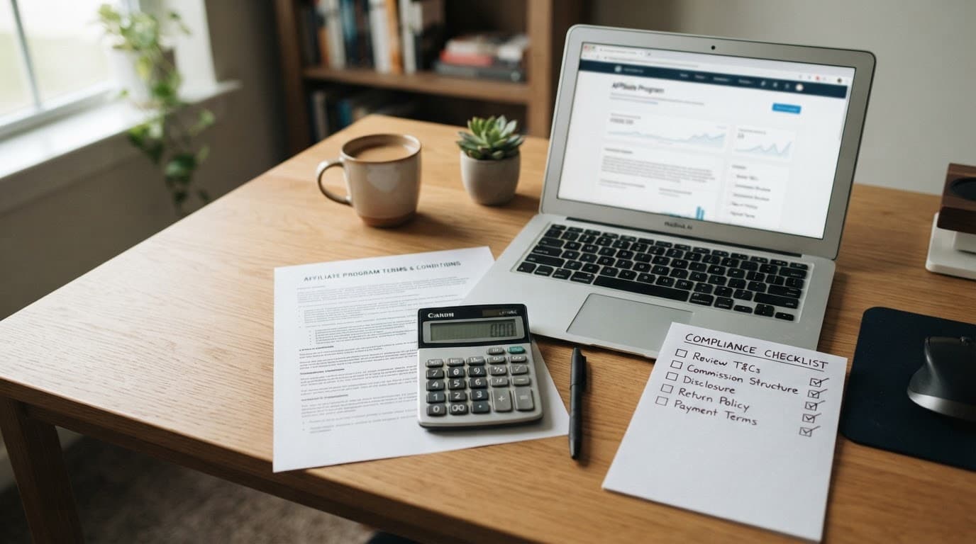 Desk with an affiliate terms document, calculator, checklist, and blurred laptop screen.