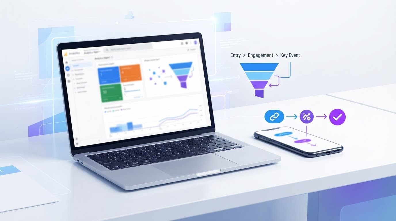 Laptop, phone, and funnel diagram showing affiliate tracking and a purchase event.