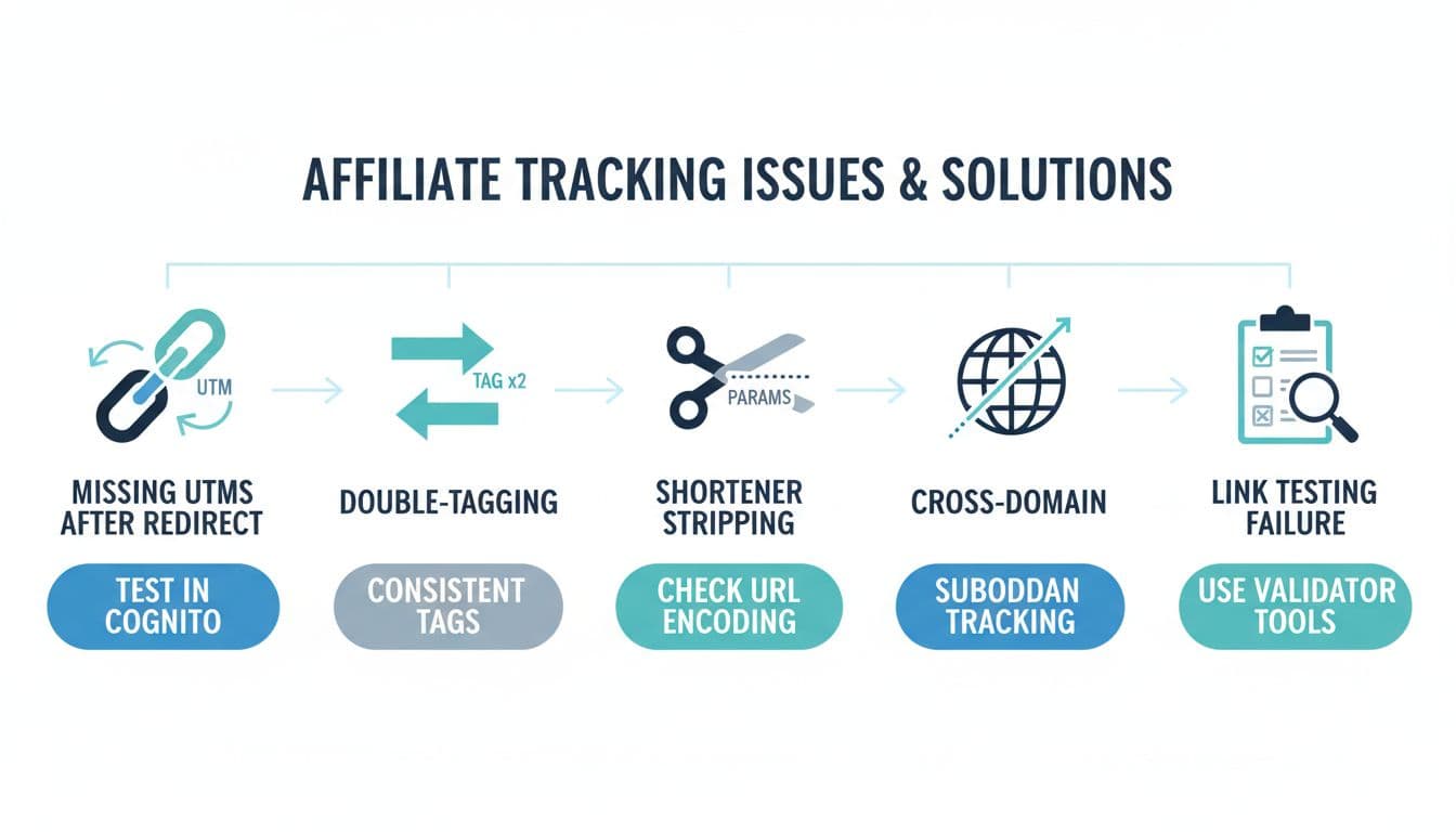 Clean, modern flat-vector infographic in landscape ratio depicting common affiliate tracking issues as icons—like broken links for missing UTMs, double-tagging, and cross-domain problems—flowing to solution bubbles such as 'Test in incognito' and 'Use consistent tags'.
