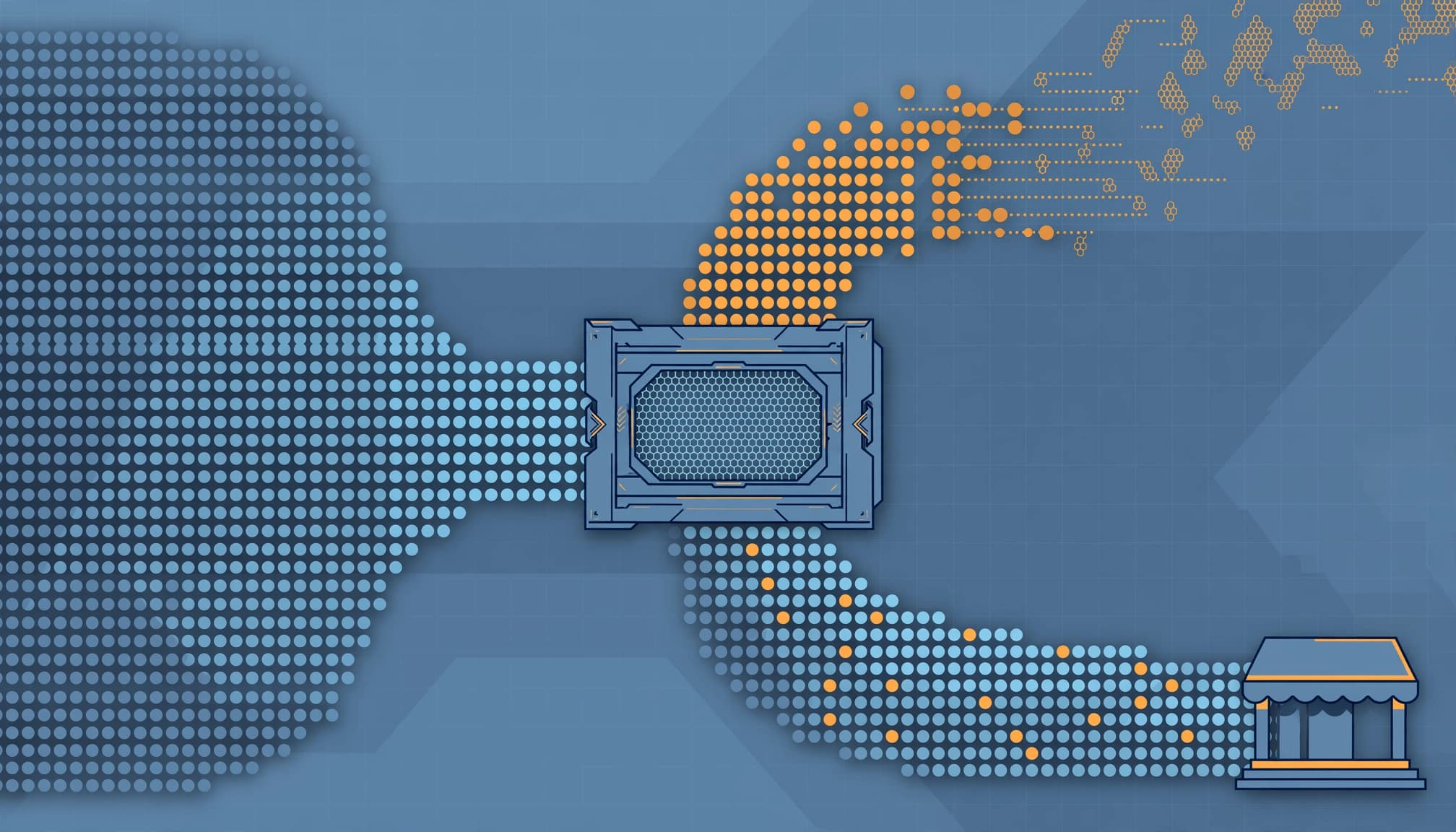 Colored request patterns pass through a filter, with valid traffic reaching a storefront icon.