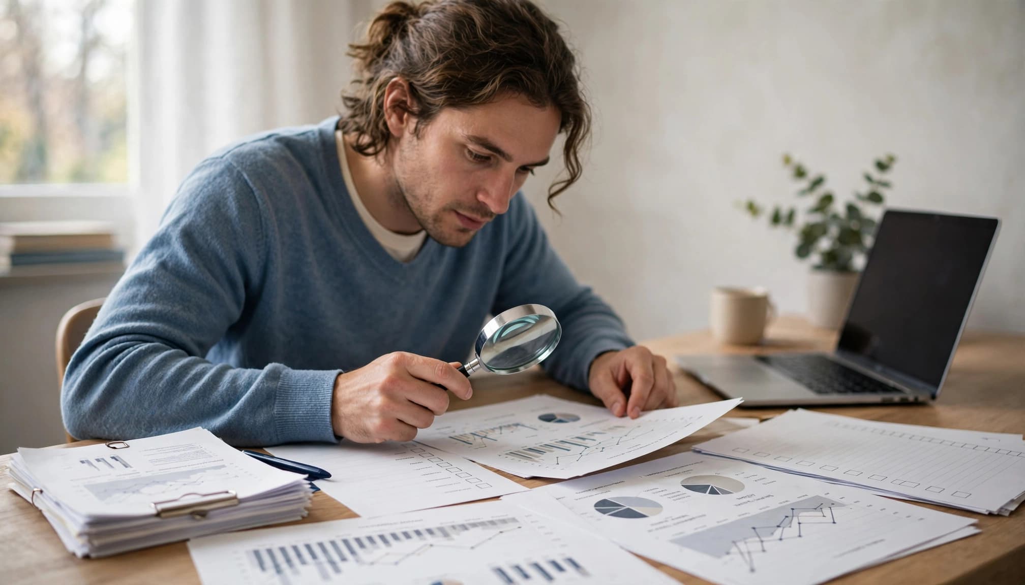 A buyer reviews website charts and sale documents beside a magnifying glass.
