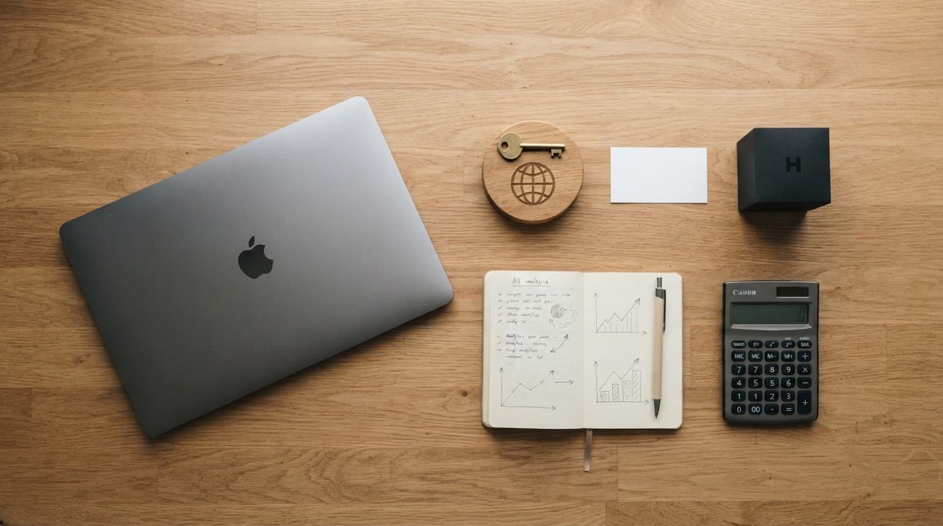 Laptop, key icon, hosting card, notebook, and calculator arranged on a home office desk.