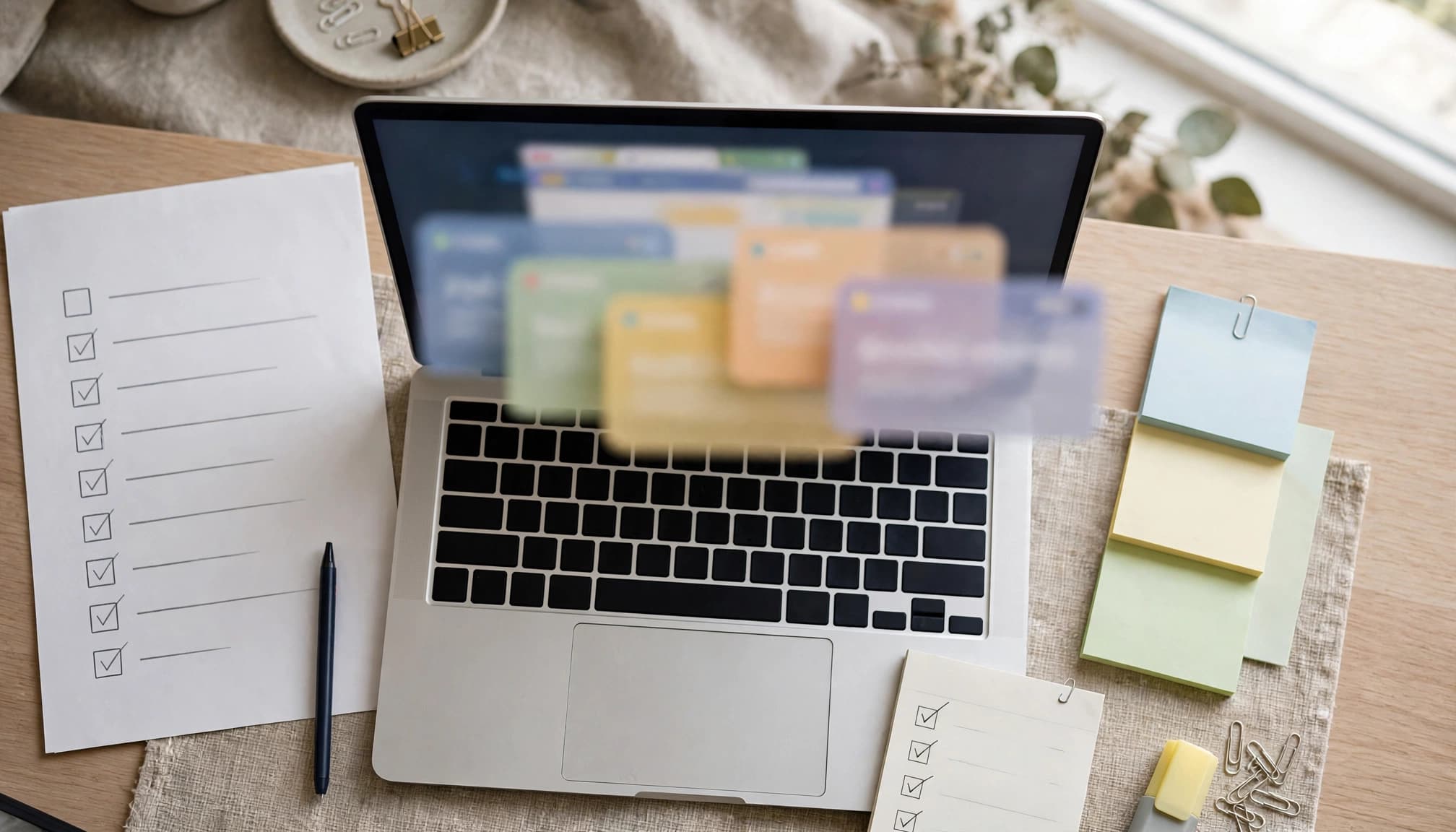 Laptop beside a checklist, pen, and website maintenance notes on a bright desk.
