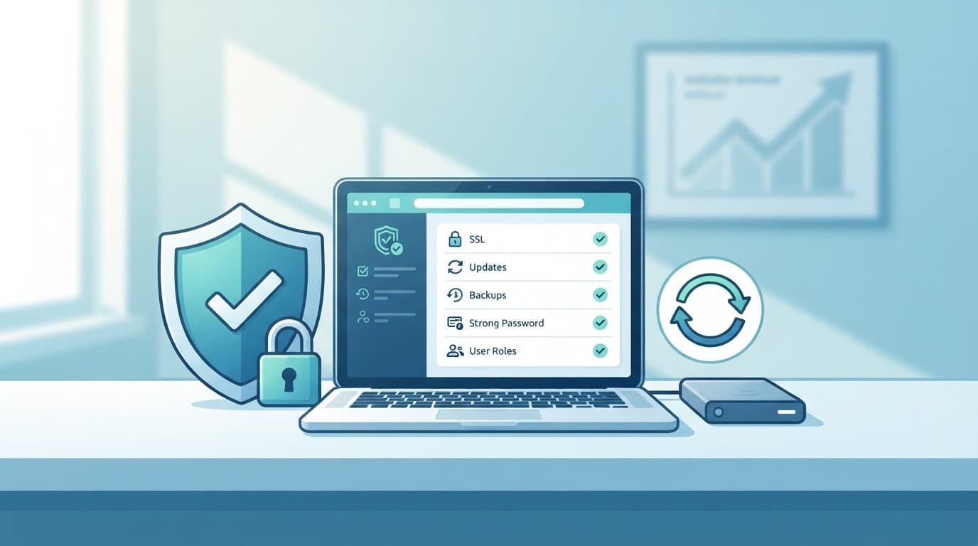 Laptop with a shield, padlock, backup drive, and update symbols on a tidy desk.