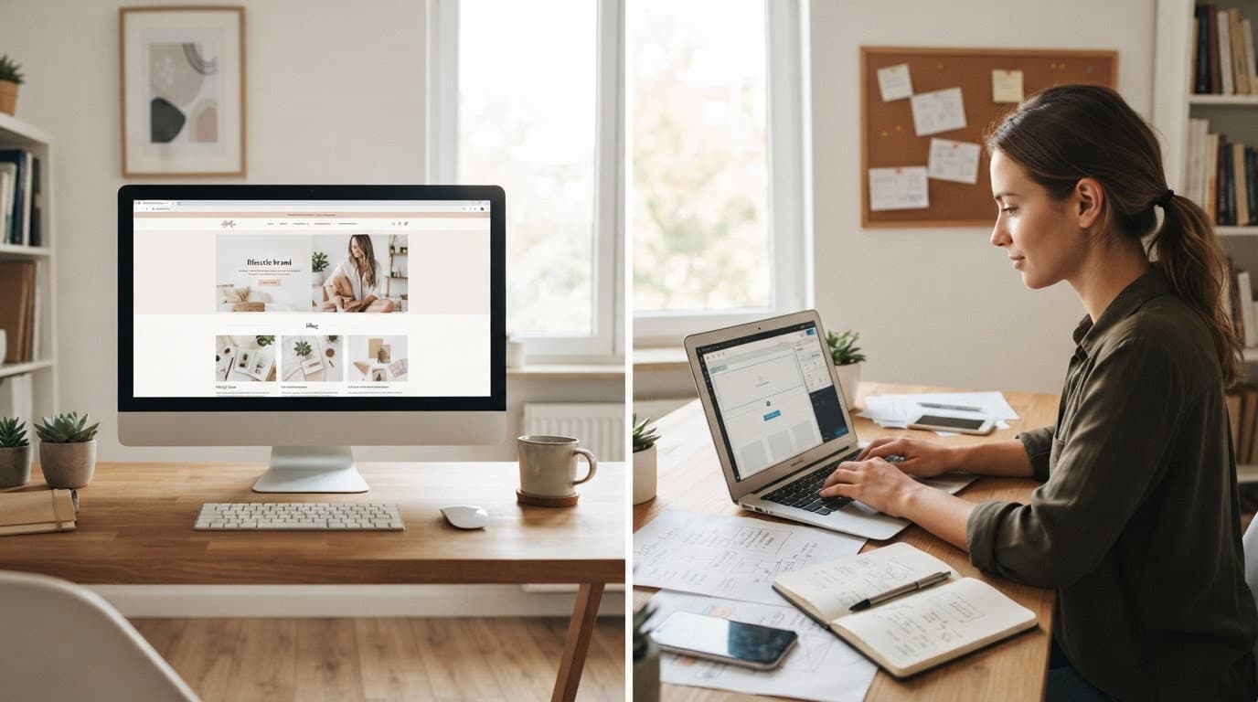 A polished monitor faces a note-filled laptop workspace with one person building a site.