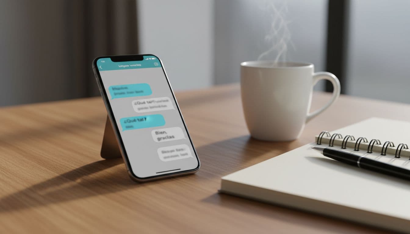 How to Run the 15-Minute AI Chat Memory Test for Language Apps 2 Smartphone on a wooden desk beside a coffee mug and open notebook, displaying a language learning app chat interface with conversation bubbles for Spanish greetings practice. Realistic indoor photo showing the setup for running the 15-minute AI chat memory test, no people or text visible.