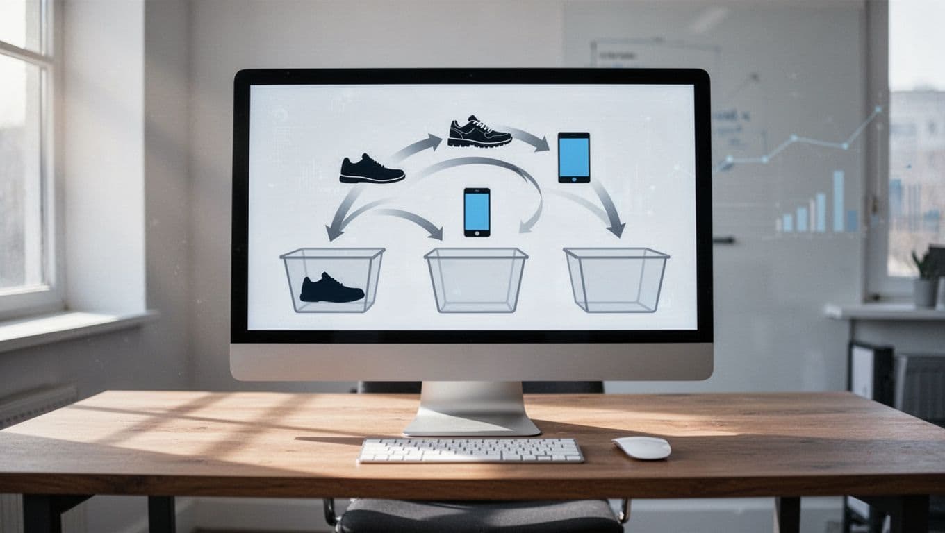 Central computer workstation on a desk showing product icons like shoes and electronics flowing into category buckets via arrows in a clean editorial diagram style with modern UI visuals and minimal neutral colors.
