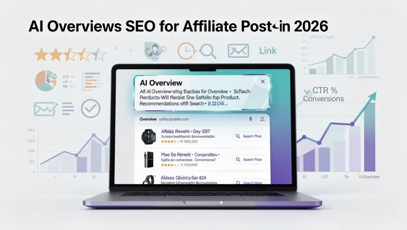 Clean modern hero illustration featuring a laptop screen with search results page highlighting an AI Overview box summarizing product recommendations, subtle affiliate icons, and rising analytics graphs in teal and indigo on a light background.