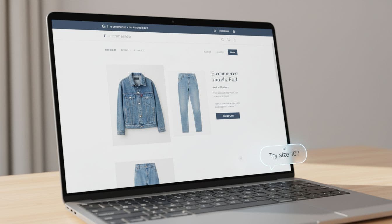 Clean ecommerce website on laptop screen with subtle AI chat bubble offering clothing size recommendations like 'Try size 10?', minimalist design, soft lighting, one device only.